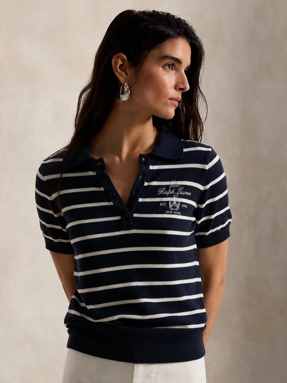 Striped Cotton-Blend Polo Jumper Refined Navy White Large